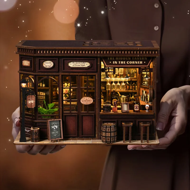 ชุดตัวต่อไม้สร้างโมเดลบ้านไมโครแลนด์สเคป ร้านเหล้าขนาดเล็ก DIY ประกอบเอง ของเล่นสร้างสรรค์ 3 มิติ