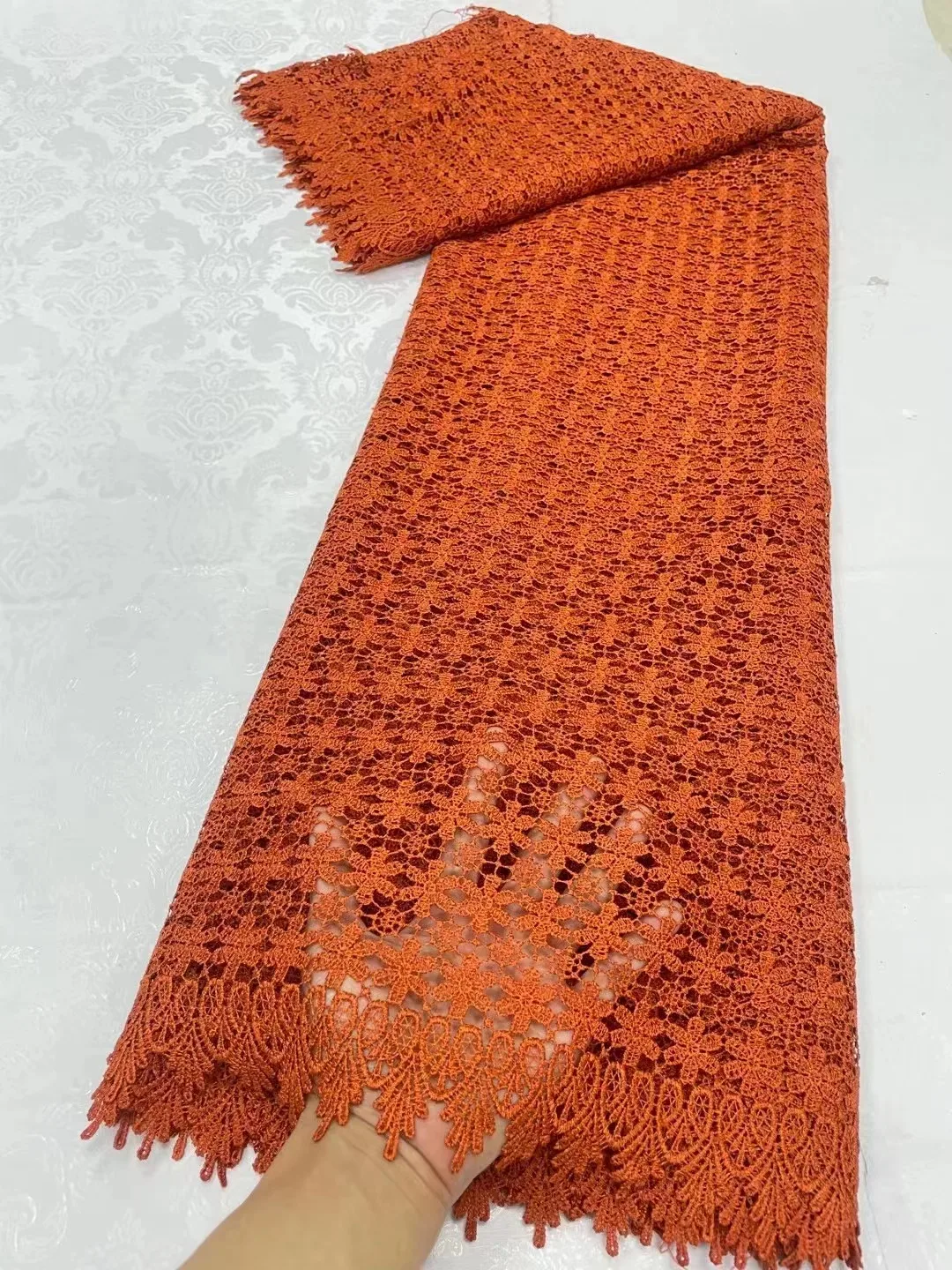 

Orange African Lace Fabric 2023 High Quality Lace Nigerian guipure sequins Lace Fabric French Milk Silk Fabric For Wedding Dress