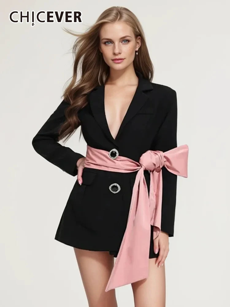 

CHICEVER Hit Color Fashion Blazers For Women Deep V Neck Long Sleeve Single Breasted Patchwork Lace Up Spring Coat Female New