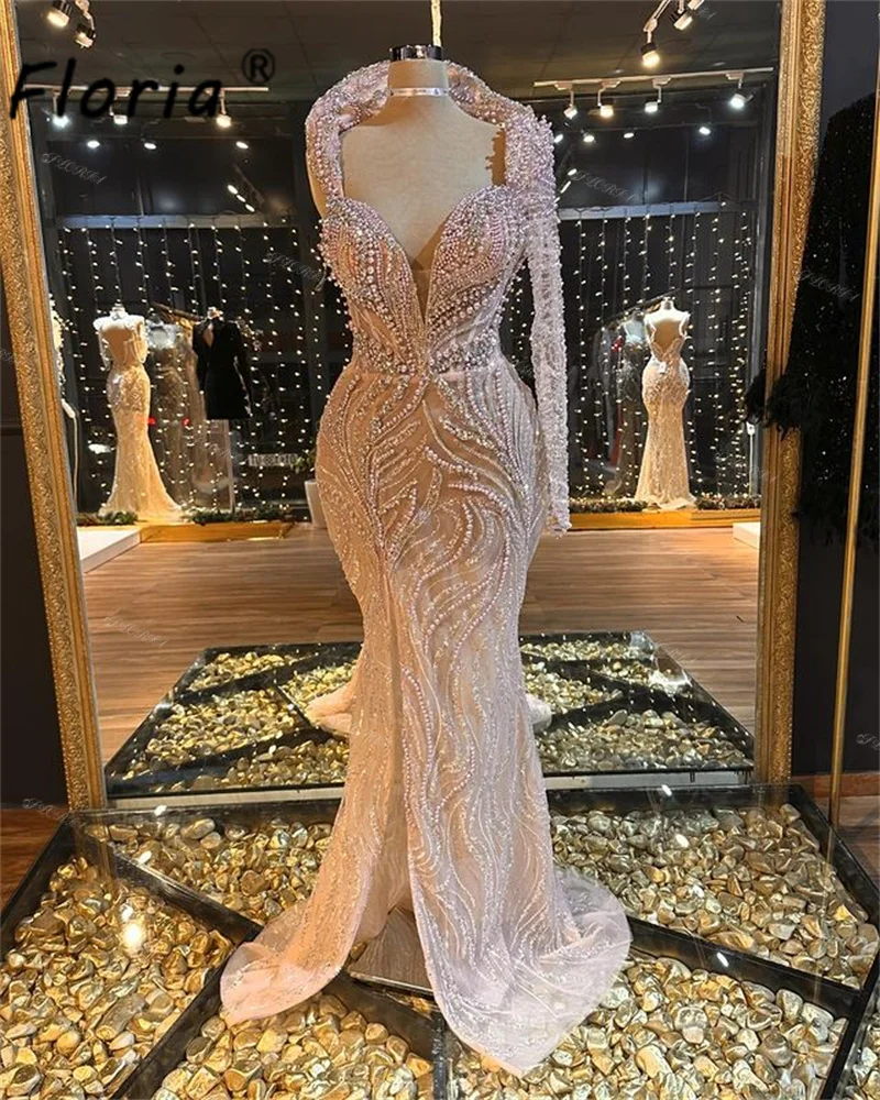 

Luxury Heavy Beading Crystal Mermaid Customized Formal Dress Pink Saudi Arabic Women Slit Wedding Party Gowns Evening Prom Dress