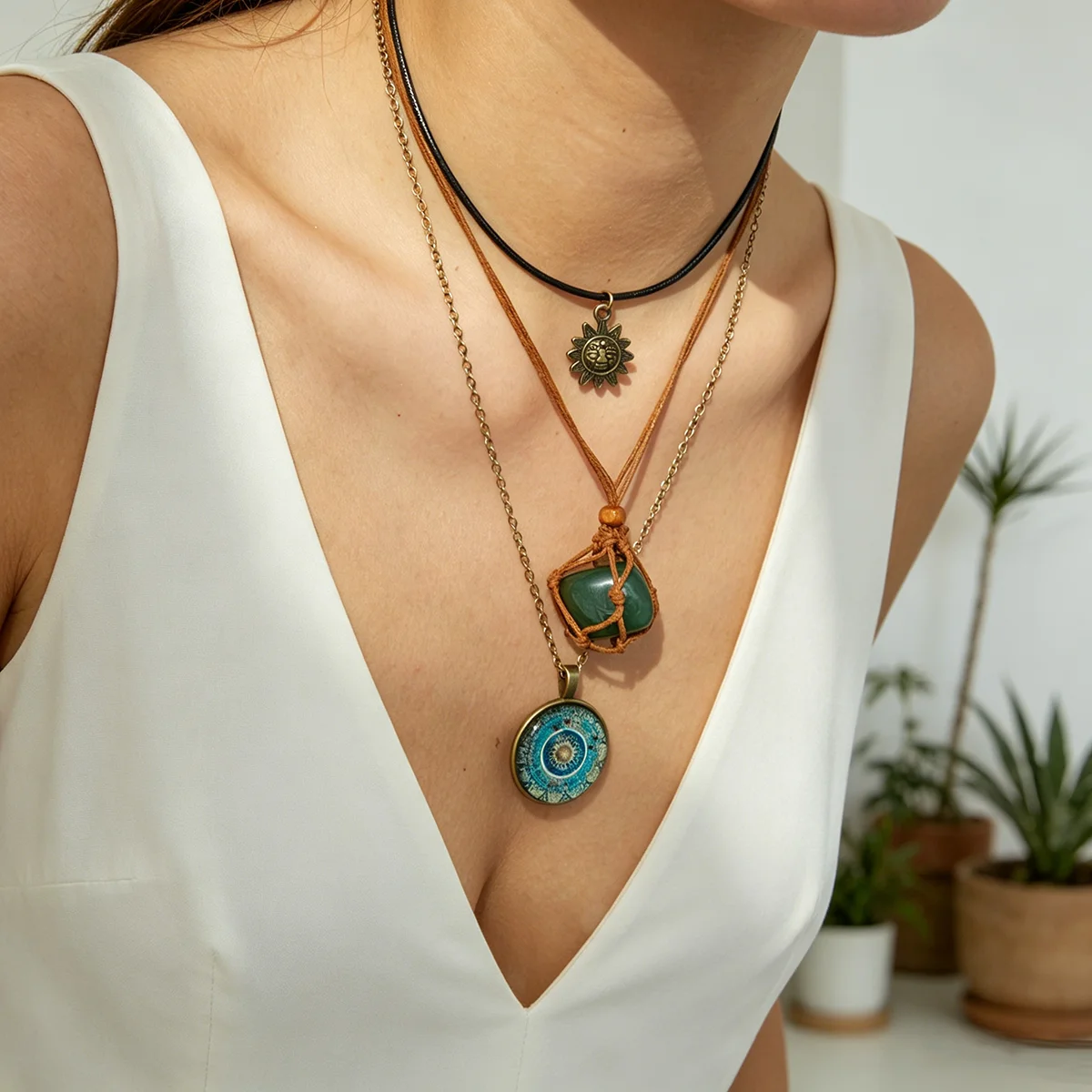 Boho Multi Layered Necklace Set Sun And Green Stone Pendant With PU Leather Cord And Metal Chain Fashion Jewelry For Women