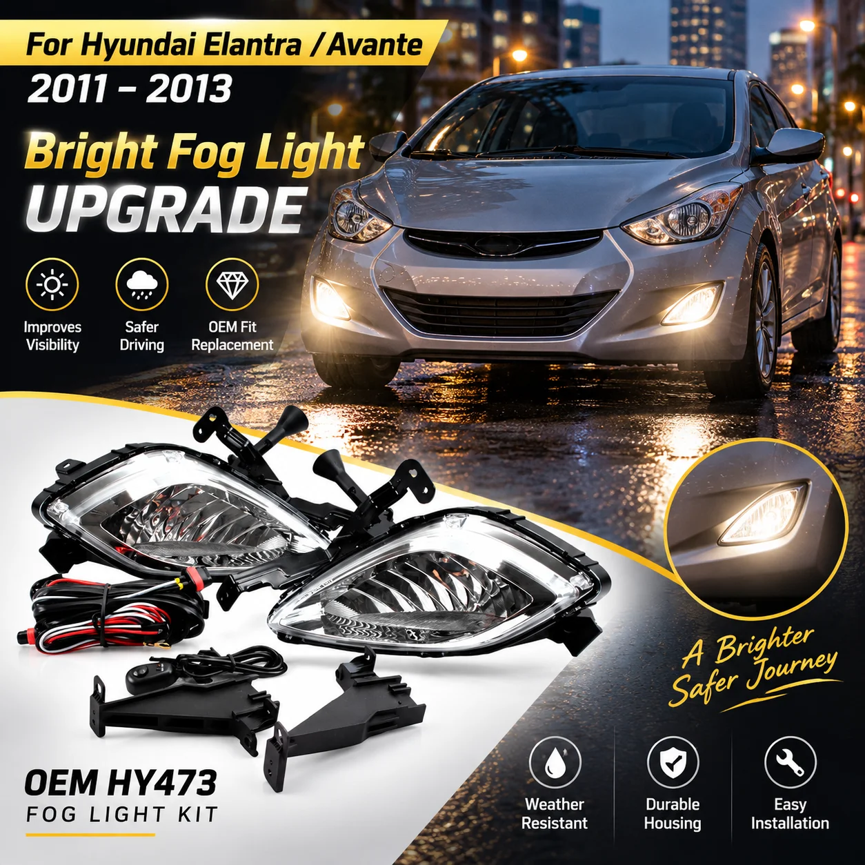 For Hyundai Elantra Avante 2011 2012 2013 Front Bumper Fog Light Set Halogen Fog Lamp Assembly Replacement Driving Lamp