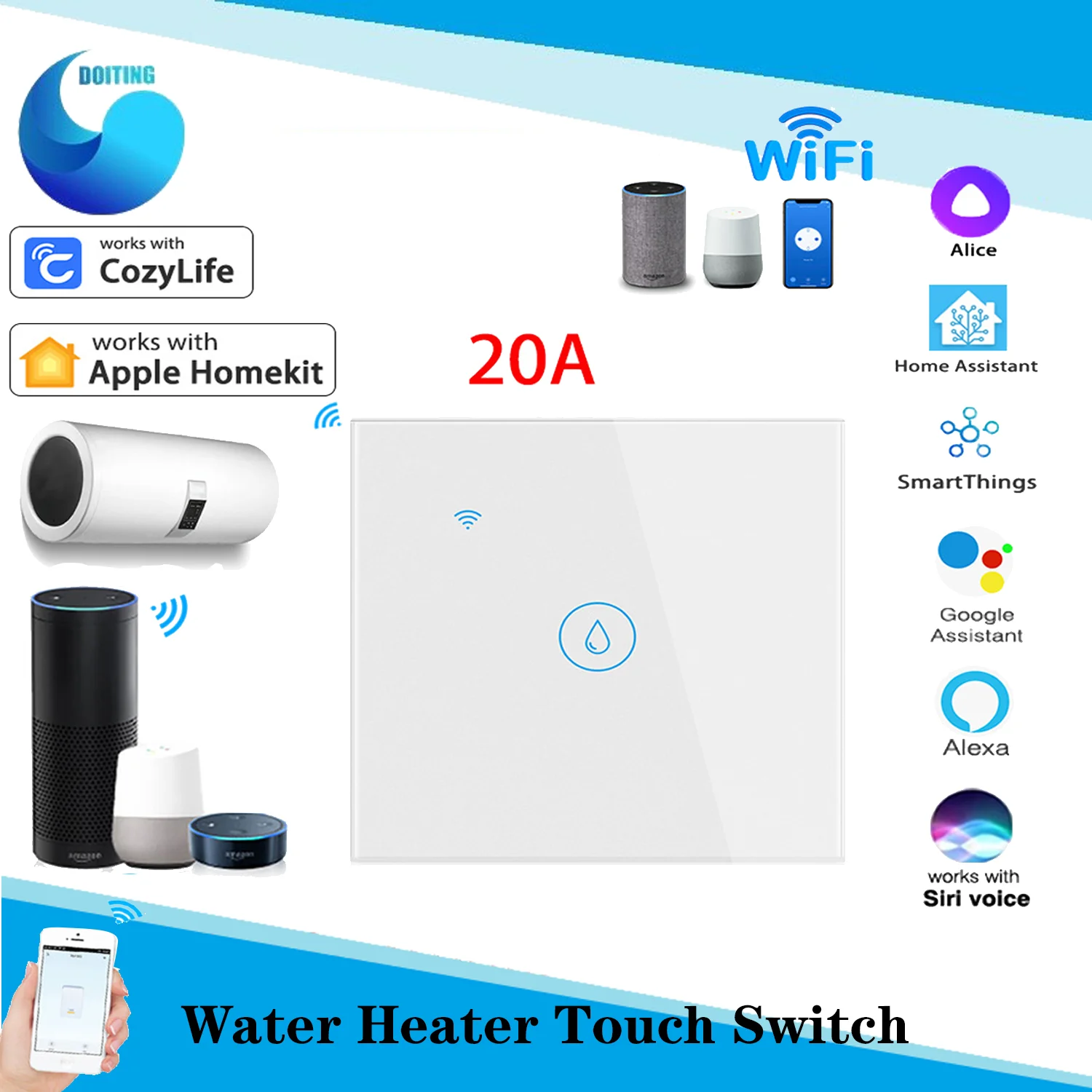 Calentador de agua inteligente con WiFi y Control remoto, interruptor inalámbrico de doble control táctil, temporizador de programación de la UE de 20A, funciona con Google, Alexa y Homekit