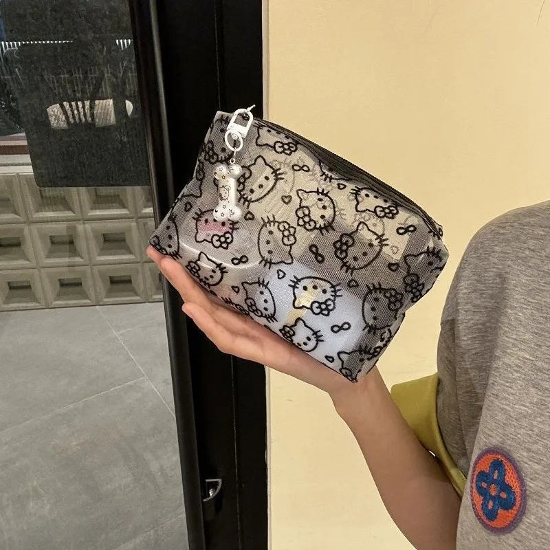 Linda Bolsa de Cosméticos de Malla Negra con Diseño de Hello Kitty, Bolsa de Maquillaje de Viaje, Monedero Pequeño para Mujer, Bolsa de Almacenamiento para Lápiz Labial