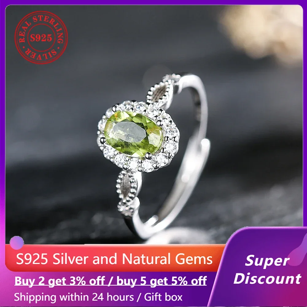 

S925 sterling silver ring paired with natural mineral crystal Peridot women's ring, adjustable size wedding jewelry accessory