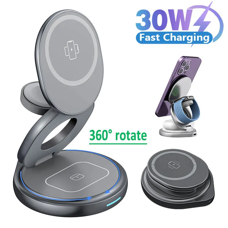 360 Rotate 3 in 1 Magnetic Wireless Charger Stand Pad For iPhone 15 14 13 12 Pro Max Apple Watch Airpods Fast Charging Station