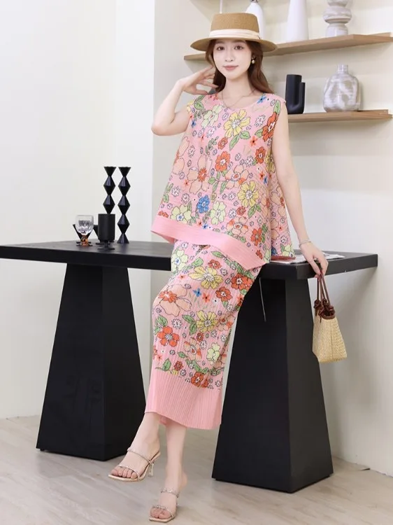 

Ele Loose Svel Pleated Floral T-irt And Skirt Set Women's Faion Summer Casual High Waist Midi Skirt Ensemble