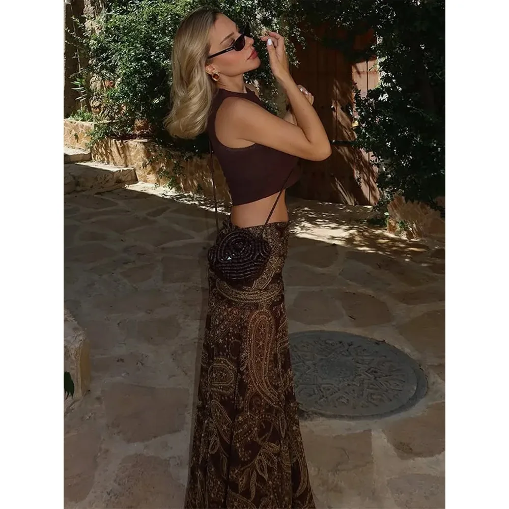 

Sexy High Waist Patchwork Pleated Maxi Skirt Women 2025 Summer Printed Contrast Hem Flowy Club Party Night Out Streetwear Chic