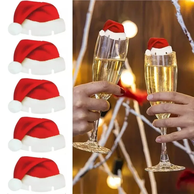 30 Uds. Tarjeta de taza de Navidad copa de vino sombrero de Papá Noel tarjetas de decoración etiquetas de papel de copa de champán adornos de mesa de cena de Año Nuevo
