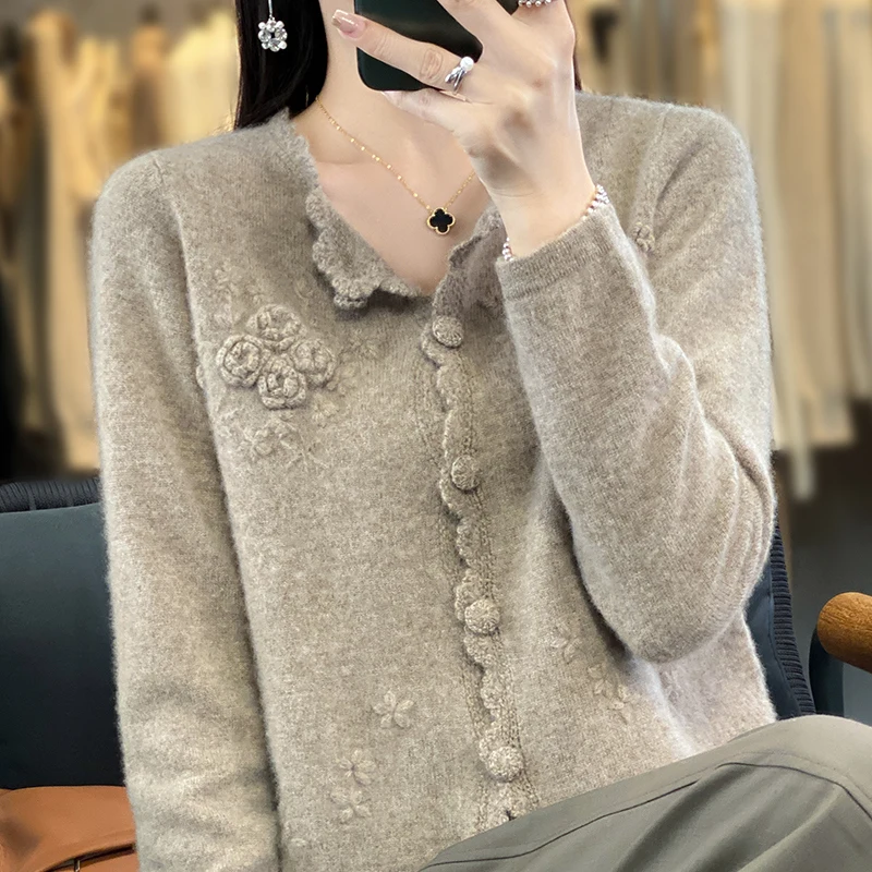 

Новинка 2025 года, кардиган из 100% мериносовой шерсти с вышивкой и круглым вырезом, женская одежда, модный вязаный кардиган, весенне-осеннее пальто