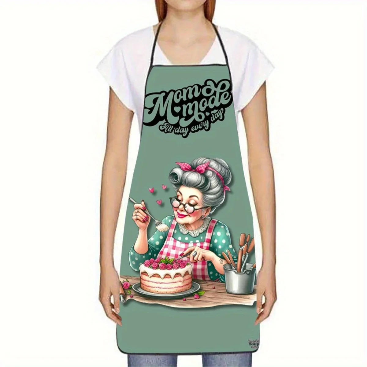 1pc Charming Grandma Cake Decorating Print Apron  Sleeveless Kitchen Baking Apron with Playful Cartoon Design Baking Accessories