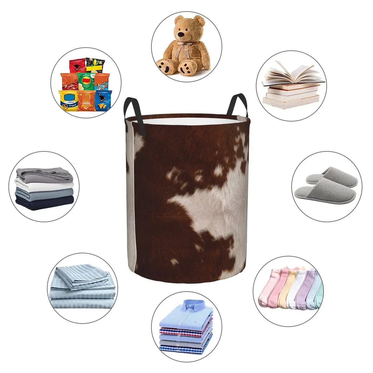 Custom Brown Cowhide Leather Laundry Basket Animal Skin Fur Leather Texture Clothing Hamper Toys Organizer Storage Bins