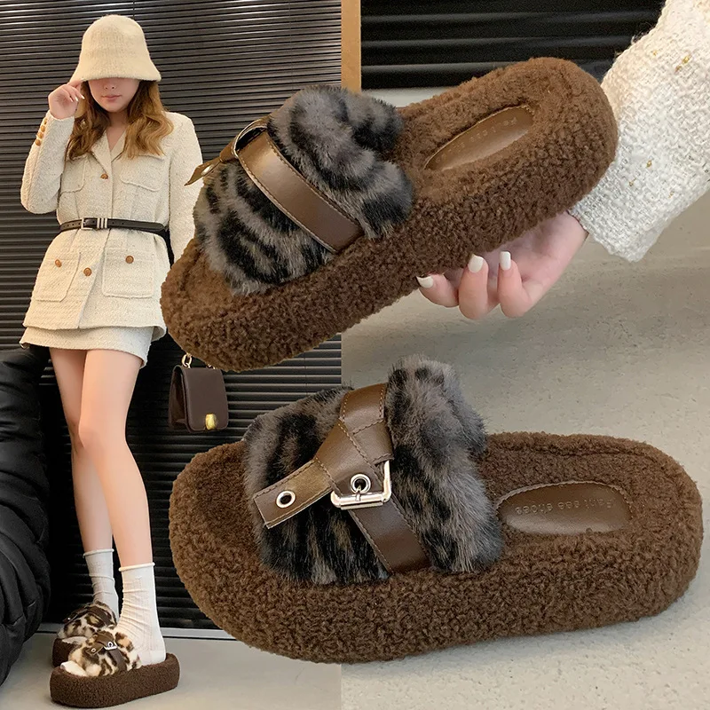 

Leopard Print Fur Slippers Belt Buckle Thick Bottom Hairy Slippers Outdoor Wear 2024 New Autumn And Winter Fashion Home Slippers