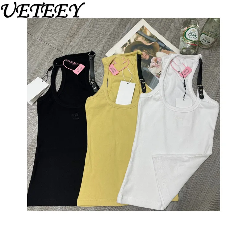 

2024 Spring Summer New Letter Embroidered Knitted Sling Women's Elastic Slim Fit Stitching Sexy Bottoming Shirt Vest Y2K Tops