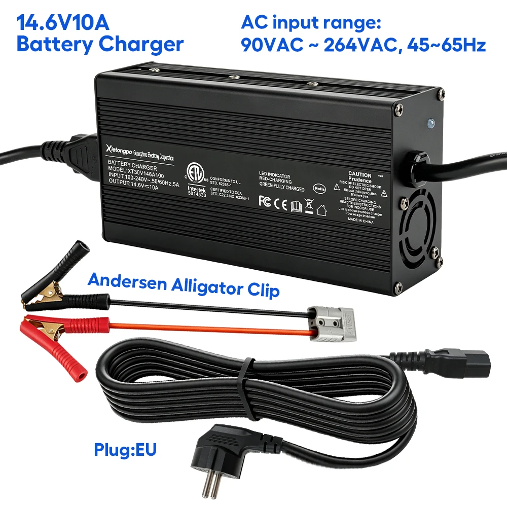 14.6V 10A LiFePO4 Battery Charger 12V 4S Lithium Battery Smart CC CV Charger PFC Power Supply for RV Deep Cycle Battery Solar Energy Storage Electric Vehicle Boat Golf Cart Backup Power 90-264V AC High Efficiency Charger
