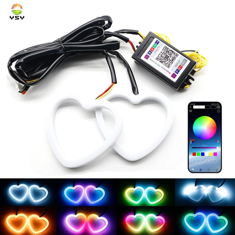 

2PCS Car Angel Eyes RGB Cotton Halo Rings 12V Led Headlight DRL Motorcycle Moto Angel Eye Heart Shaped with Amber Turning Light