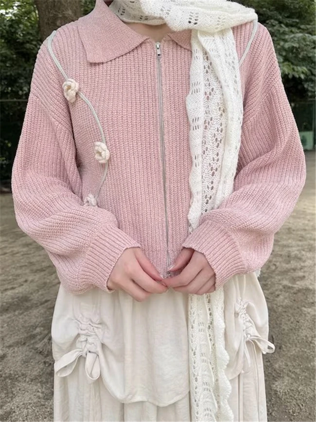 

2025 New Cardigan Coat Autumn Winter Sweater Top New Japanese Style Sweet Flower Zipper Knitted Cardigans for Women