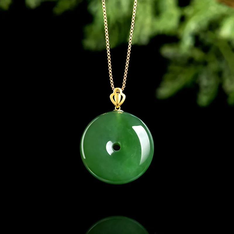 

Genuine Spinach Green Hetian Jade Safety Circle Charm - 18K Gold Plated Gemstone Pendant Necklace, Women's Lucky Jewelry
