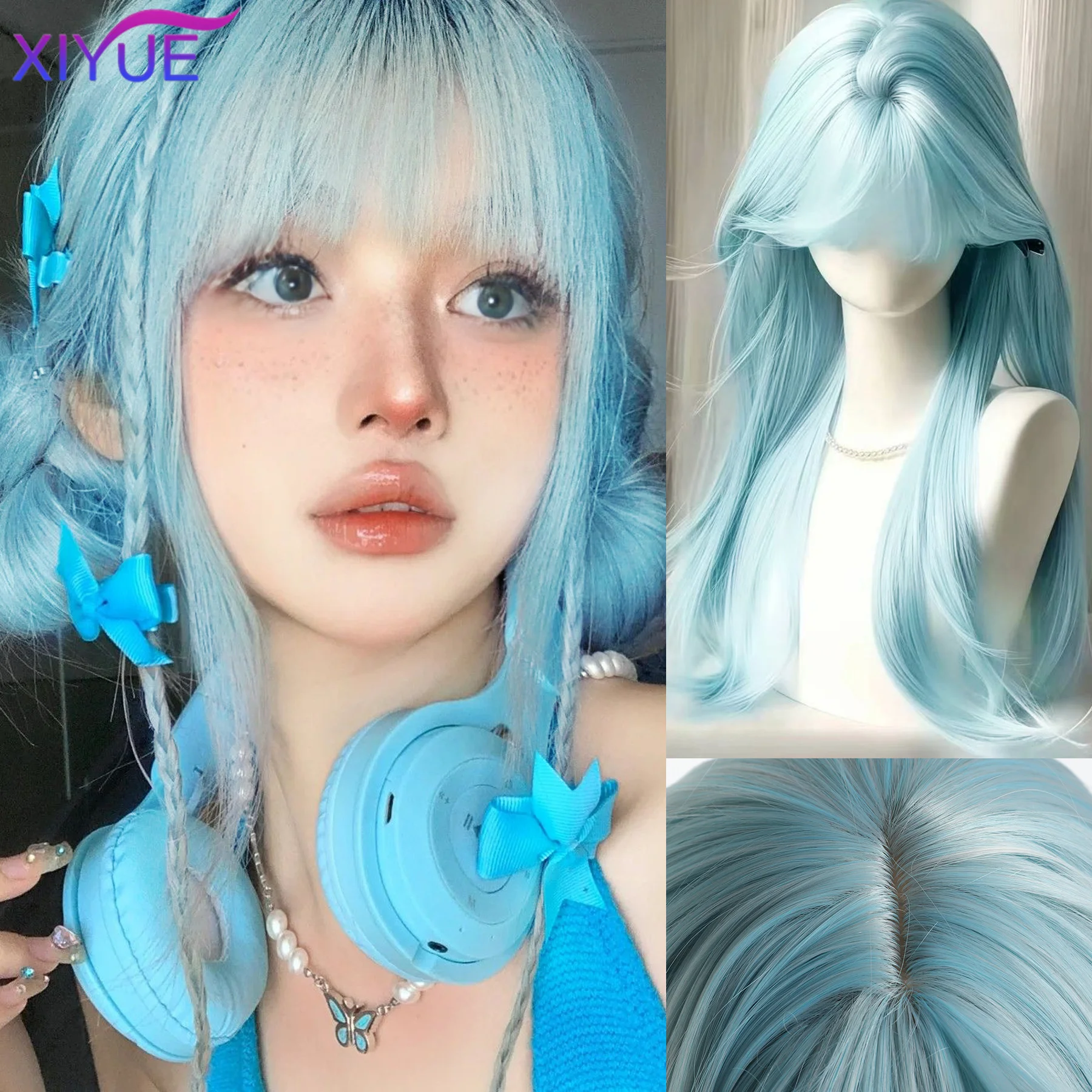 

XIYUE Long curly hair Synthetic Wigs with Bangs Blue Green Cosplay Party Lolita Hair Wigs for Women Natural Heat Resistant Wig
