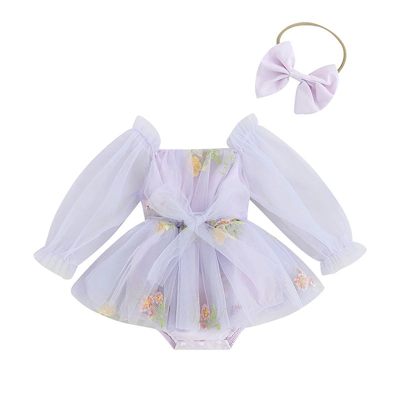 

Princess Baby Girls Clothing Outfits Floral Long Sleeves Mesh Romper Dress and Headband for Toddler Spring Autumn Clothes