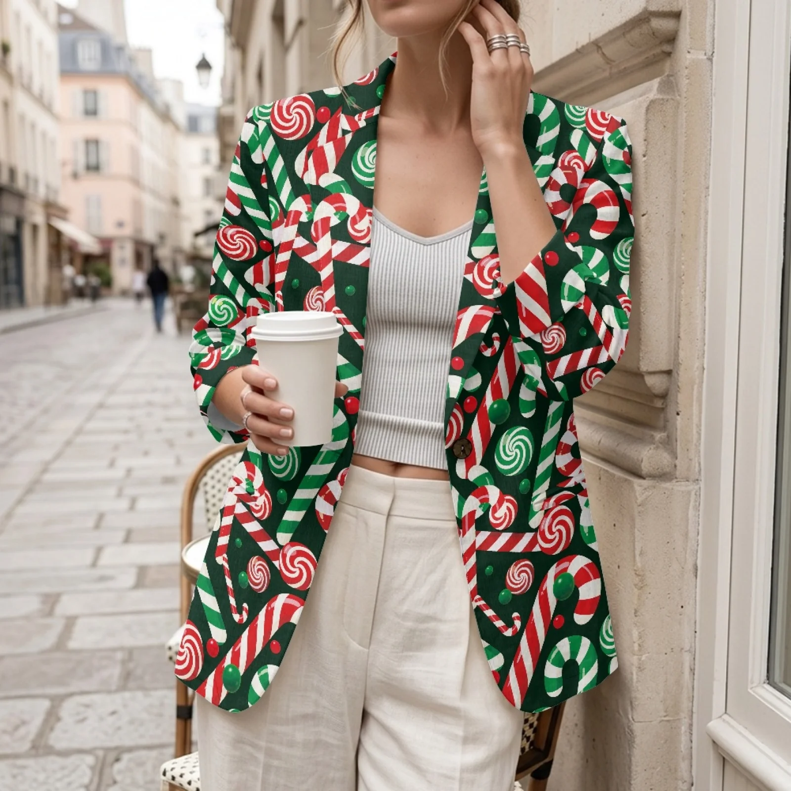 PENSTROLL Candy Cane Green Linen Style Open Front Cardigans for Vacation with Pockets Beach Cover Ups Cardigan Cover Up Jacket view 3