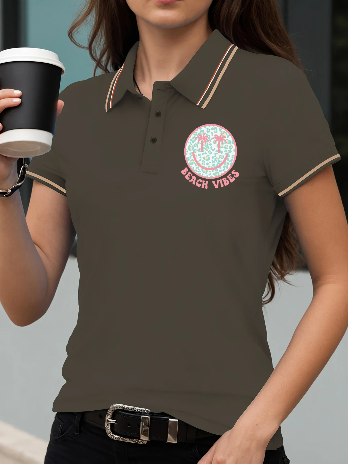

Beach Vibes Happy Coconut Trees Printed Womens Polo Shirt Casual Golf Shirts Comfortable Short Sleeve All-Match Streetwear