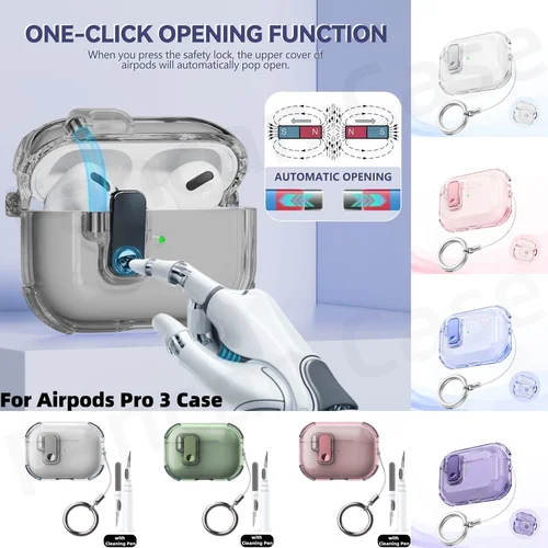 Para Apple Airpods Pro 3 funda 2025 transparente con bloqueo automático con Kit de limpieza para Airpods Pro 3 Gen para Airpods Pro 3 funda
