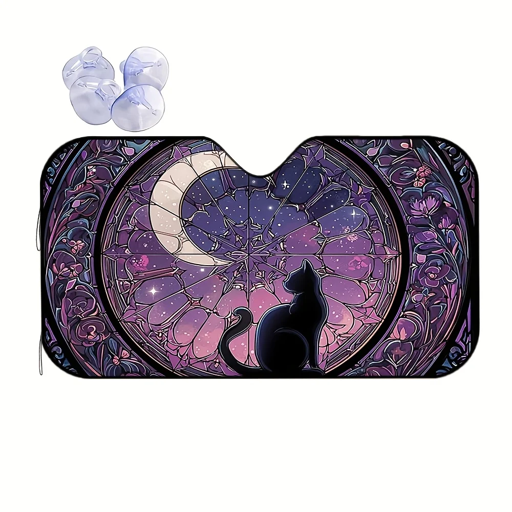 1pc Cartoon Car Sunshade, Black Cat Gazing at Stars and Moon Stained Glass Window Pattern Windshield Sunshade