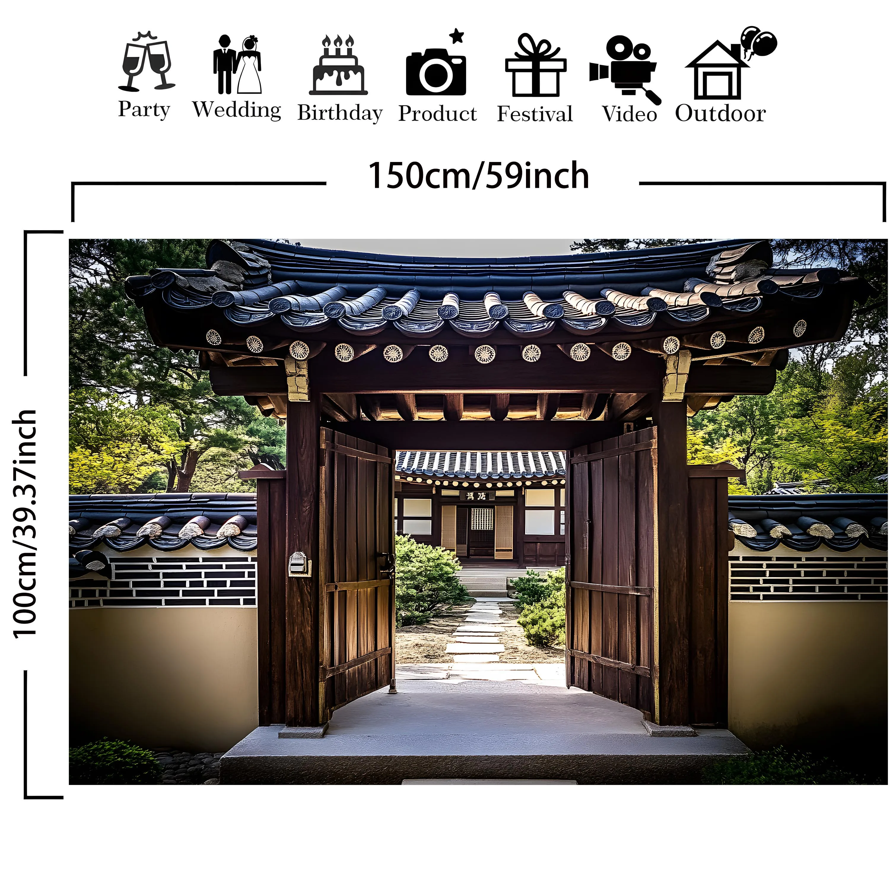 1 Korean traditional garden background banner - Polyester material Confucian village tile roof scene - Durable wall decoration