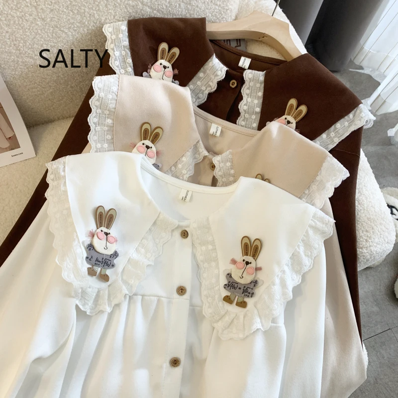2025 Women Shirt Long Sleeve Cute Rabbit Patch Doll Collar Blouse Tops Female Autumn and Winter Preppy Style Woman