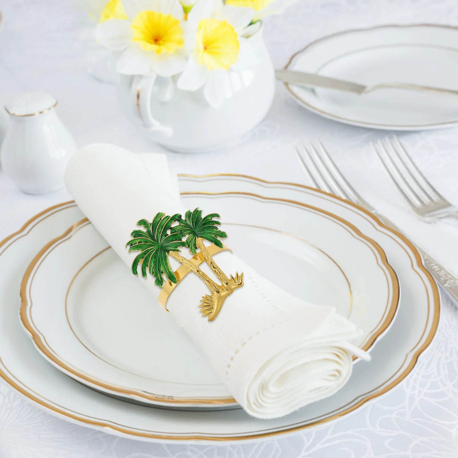

4pcs Napkin Rings Alloy Smooth Finish Coconut Tree Shape Decorative Napkin Holders For Hawaiian Party Wedding Birthday Banquet