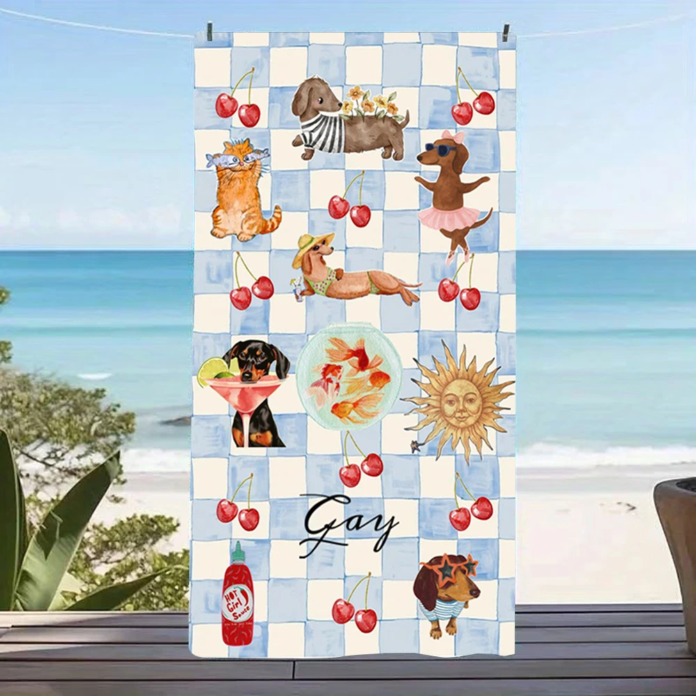 Blue White Stripe Dachshund Seafood Frame Print Beach Towel,sand-block fabric for pool days,lake trips,short travel & yard