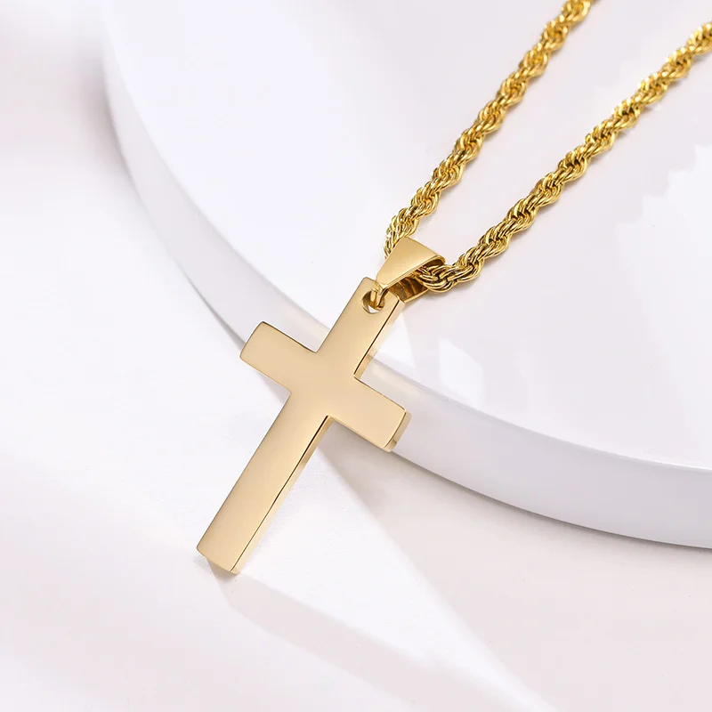 Goldfarbene Kreuz-Halsketten für Männer und Jungen, Edelstahl-Anhänger-Halsketten mit 50 cm gedrehter Seilkette, Strand-Surf-Schmuckgeschenk – Detail 2