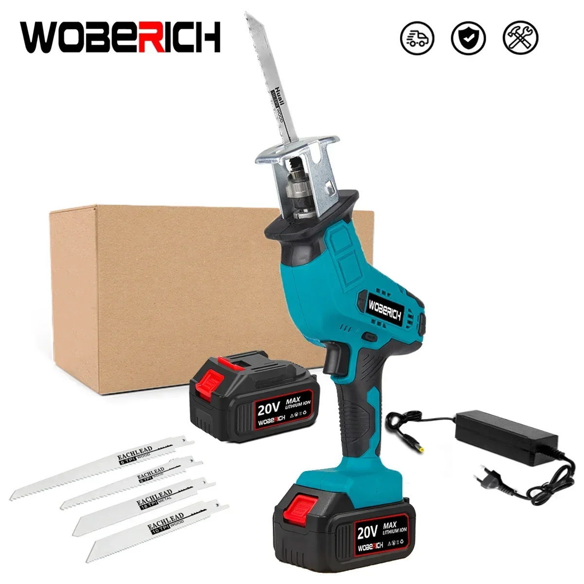 Cordless Reciprocating Saw 21V Chainsaw Cutting Wood/Metal/PVC Pipe Adjustable Speed with Saw Blades Power Tool By WOBERICH