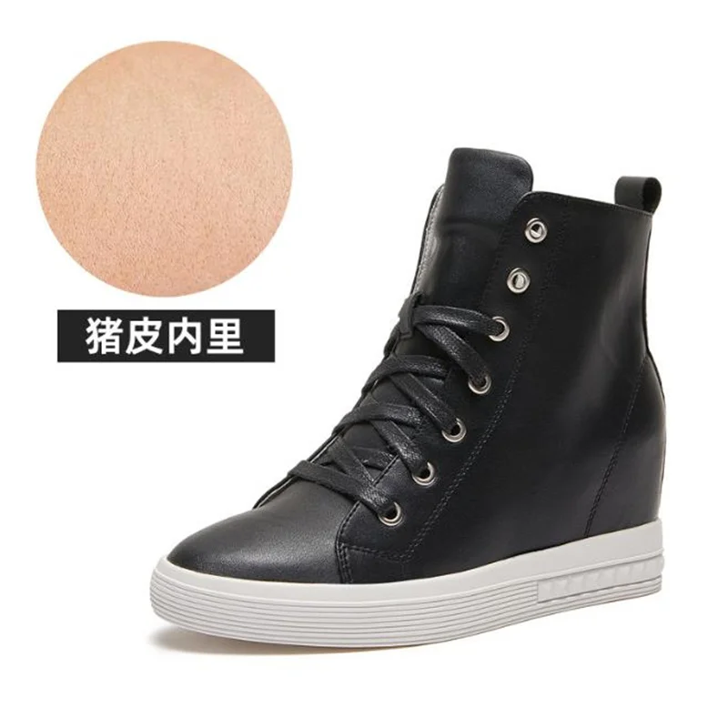 7cm Vulcanized Shoes Women Wedge Sneakers Designer Hidden High Heels Sneakers Winter Fur Warm Lace-up Black Shoes Ladies