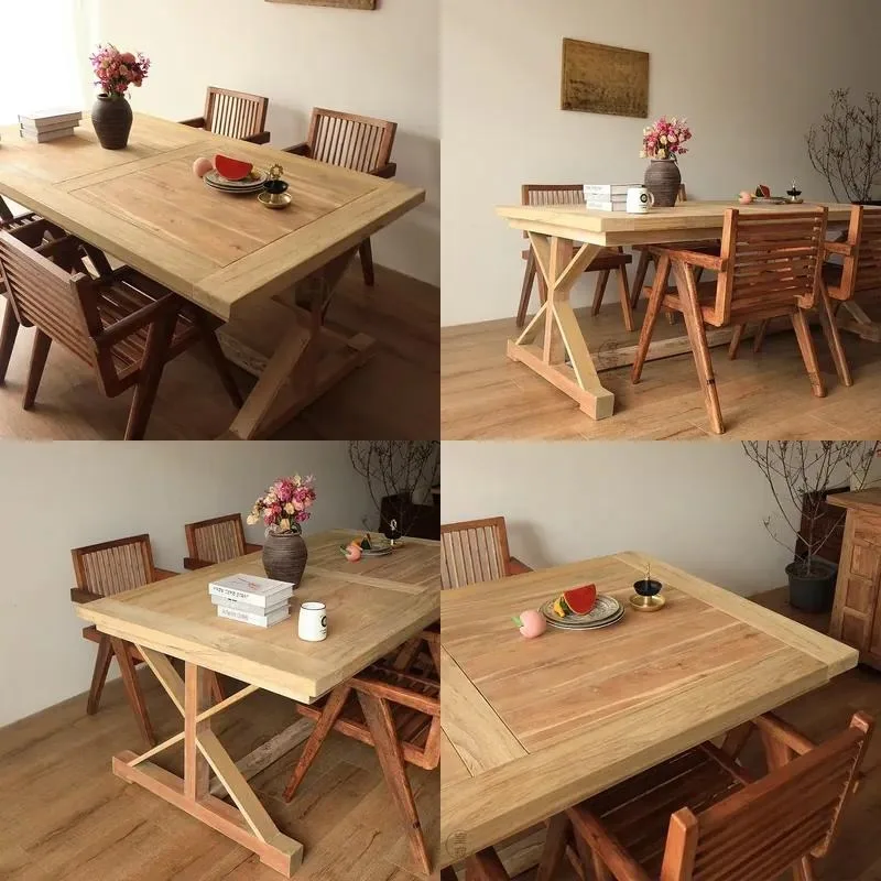 Natural Teak Solid Wood Dining Table Tenon and Mortise Structure Outdoor Terrace Party Large Long Table