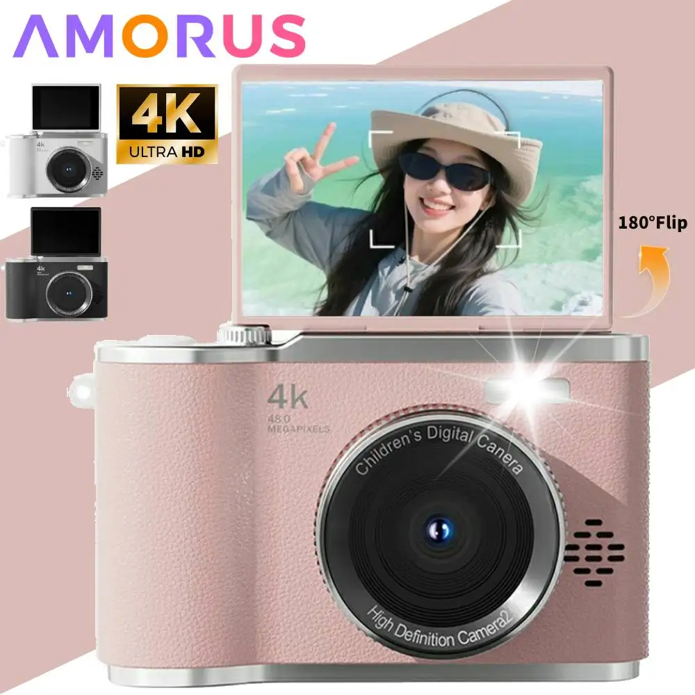 Câmera Digital 4K 180 ° Câmera Digital Portátil com Tela Flip para Selfies, Zoom Digital 16X, 64MP, Gravação de Vídeo HD, CCD
