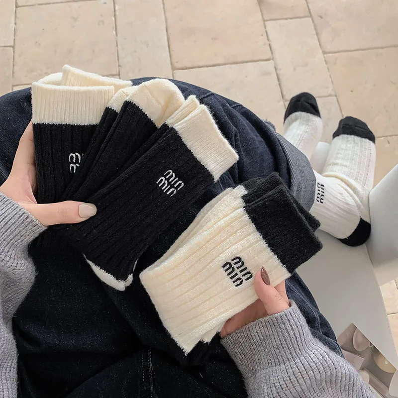 2 Pairs Black White Wool Socks For Women Winter Knitted Thickened Warm Middle Tube Stacked Socks Embroidered Letters Cute Socks