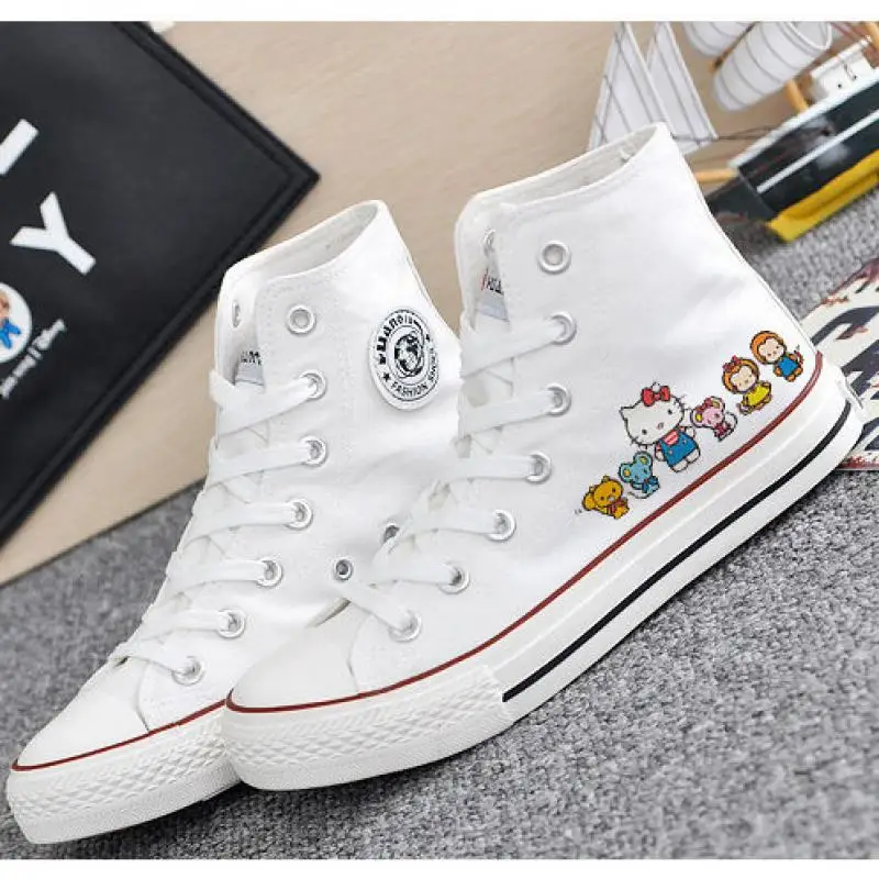 New HelloKitty Canvas Shoes Kawaii Sanrio Japanese Autumn Student Cartoon High Top Casual Shoes Cute Girls\' Flat Shoes Gift