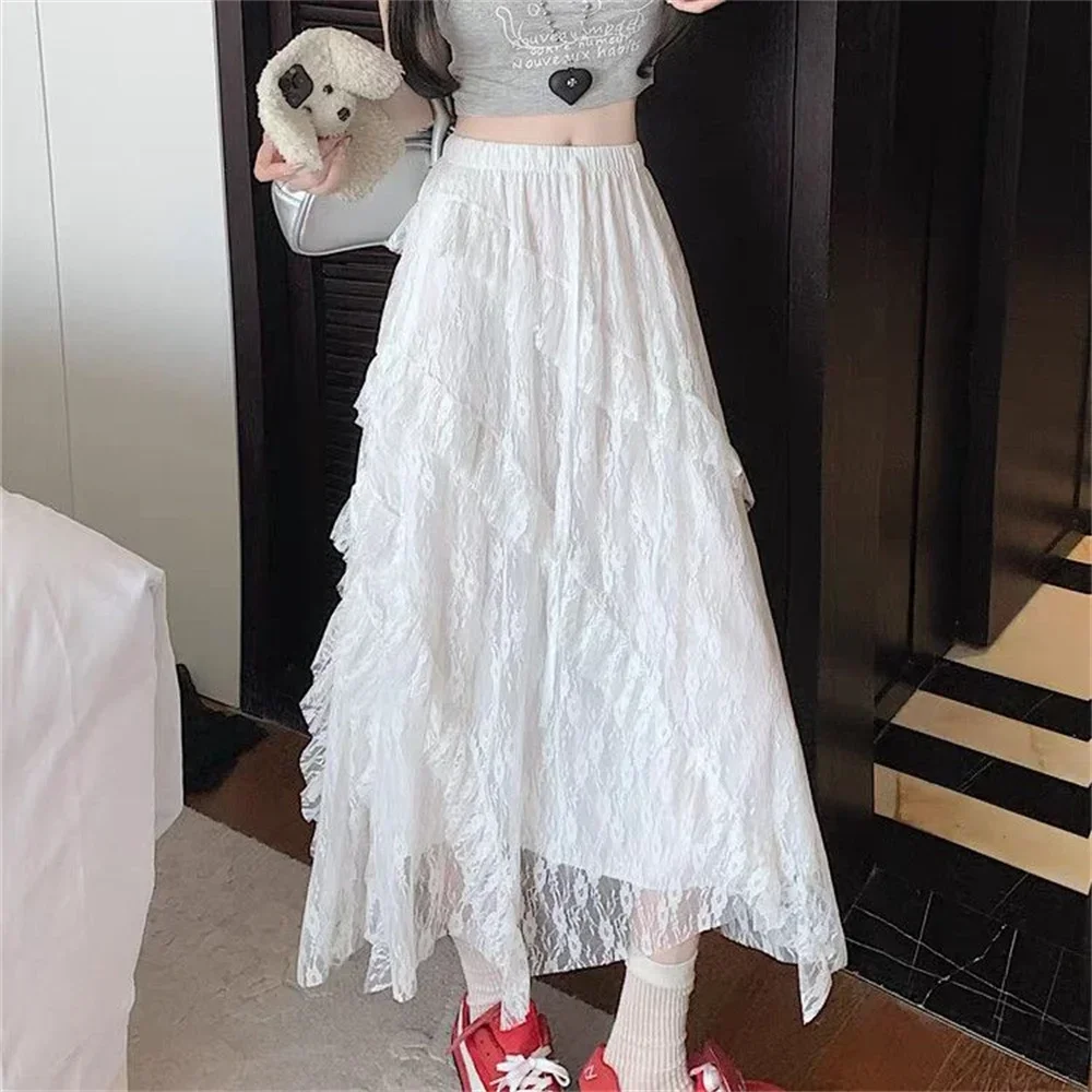 

Негабаритная сетчатая повседневная элегантная вечерняя модная женская весенне-летняя белая кружевная юбка-миди с оборками, винтажная сетчатая свободная макси-юбка