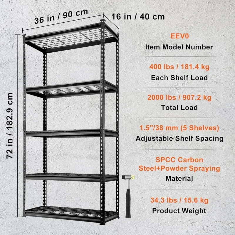 Storage Shelving Unit, 5-Tier Adjustable, 2000 lbs Capacity, Heavy Duty Garage Shelves Metal Organizer 36