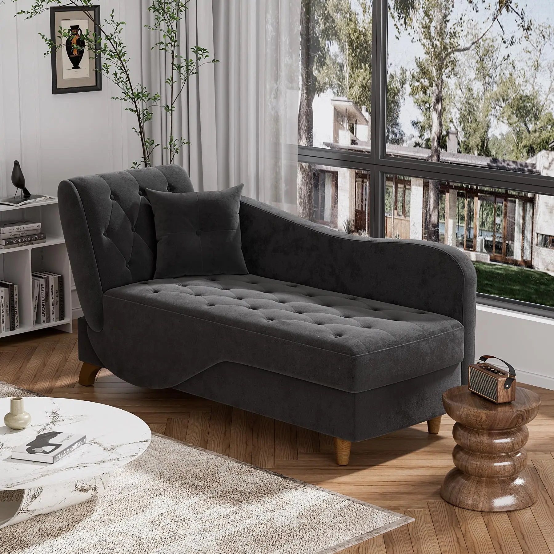 Indoor Velvet Chaise Lounge Chair with Storage for Living Room, Beige White | Reading chair chaise sleeper sofa bed