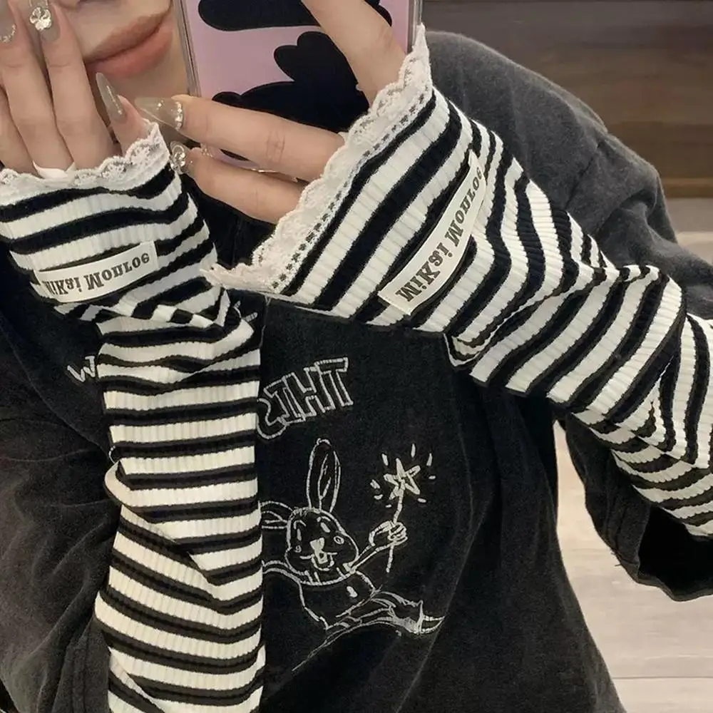 

Японские полосатые кружевные солнцезащитные рукава, мягкие хлопковые женские перчатки без пальцев, тонкие свободные эластичные рукава, рукава для вождения льда