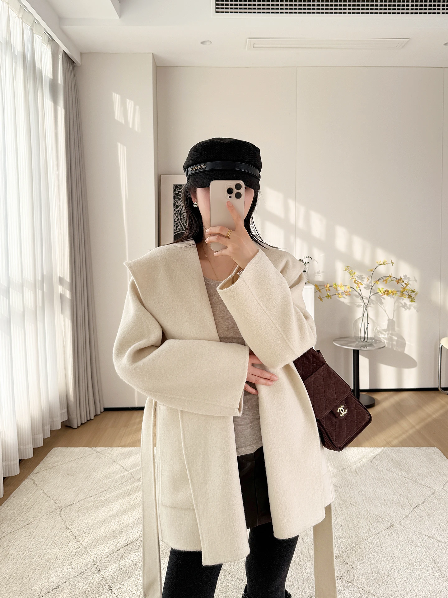 

Повседневное двустороннее шерстяное пальто с капюшоном для женщин, свободного кроя, стройнящее, средней длины, верхняя одежда из смесовой ткани (имитация верблюжьей шерсти)