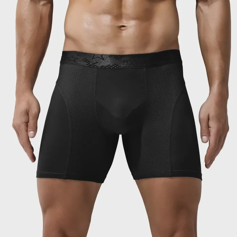 U-Convex Support Men's Long Boxer Trunks Breathable Mesh Underwear Mid Waist Solid Color Sport Style Polyester Blend