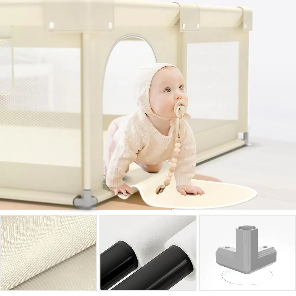 Beżowy kojec dla niemowląt i małych dzieci o wymiarach 59x59 cali, bezpieczny kojec bez maty.