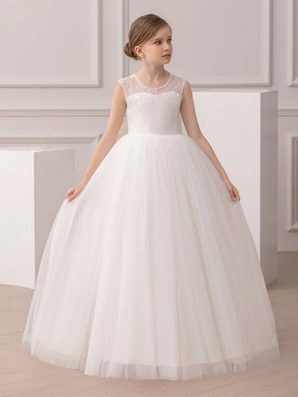 Elegant Sequined Bow Kids Princess Gown For Piano Performance Classic Oneck Sleeveless Girls Dresses For Wedding 130-160cm