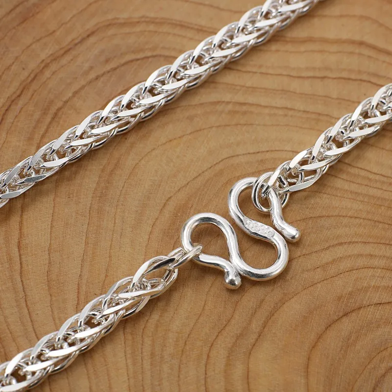 Genuine S999 Pure Silver Chain For Women 3.5mm/4.3mm Square Wheat Couple Fit Any Pendant Men's Siilver Necklace 20-28inchL