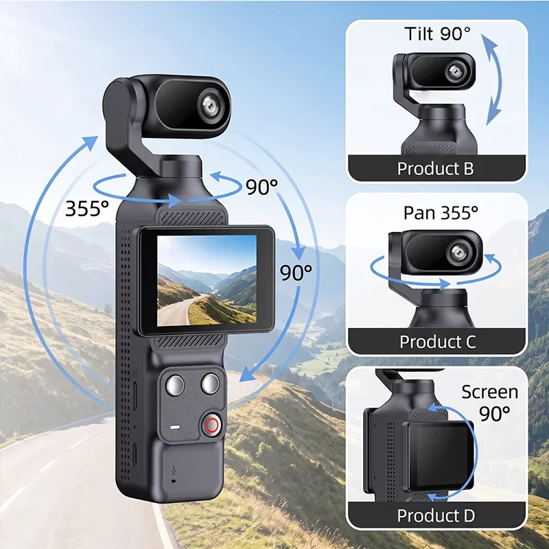 ANSVICAM Gimbal Camera 4K Flip Screen Action Camera 355° Auto-Rotate Len Pocket Cam 1080P Touchscreen Photography Video Vlog