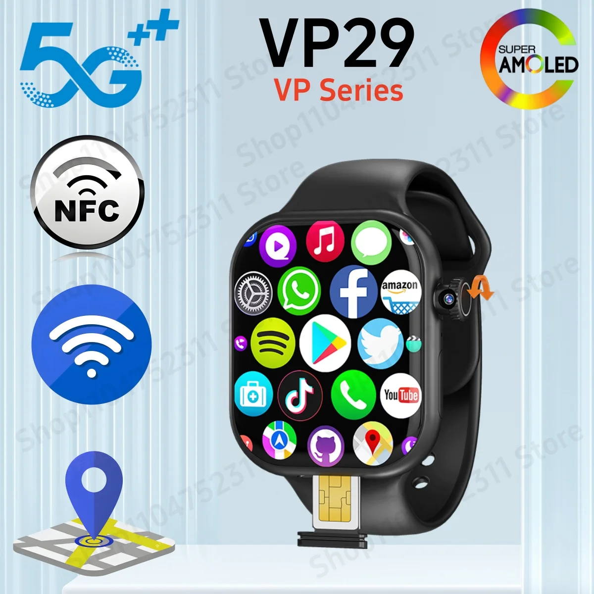 

VP29 Smartwatch 2.29inch Amoled Android 10.0 5G LTE Smart Watch With 180° Rotary Camera NFC health monitoring GPS WIFI App Store